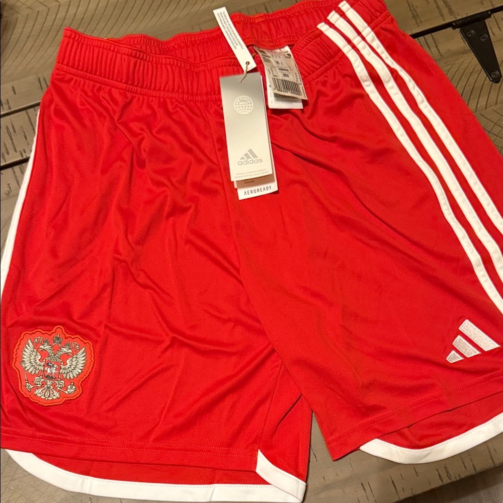 adidas Men’s Red Athletic Shorts with White Stripes